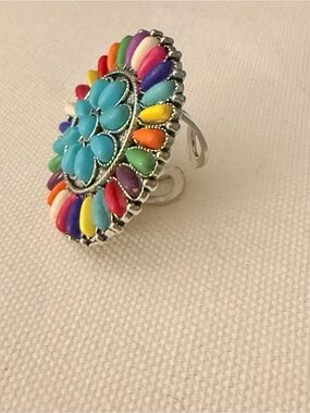 Silver-Tone Multicolor Flower Ring with Turquoise Center